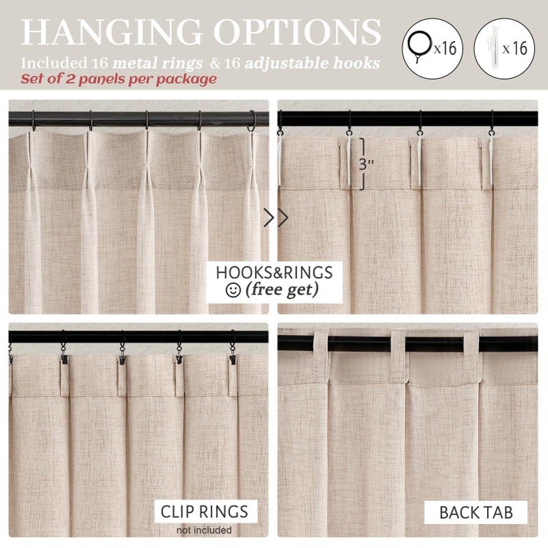 PleatedDrapes ستائر مطوية من الخيش شبه الشفاف بطول 84 بوصة، بلد محايد باللون البيج والكتان والكتان وستائر تصفية للسقف من أجل انزلاق الباب الزجاجي/المكتب 2 لوح خطافات ستائر الخصوصية - Image 4